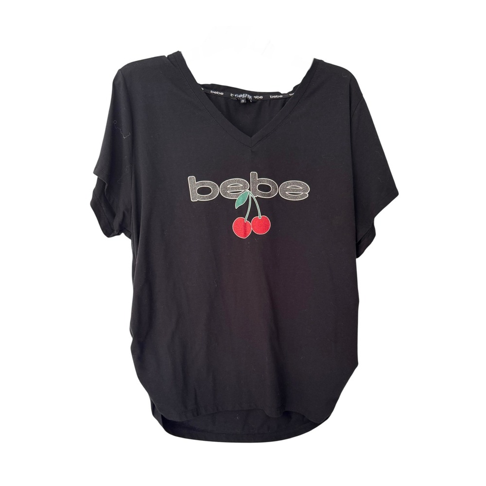 🌴 Bebe Sport Womens Black V-Neck Cherry Logo Graphic T-Shirt 2X Plus Size